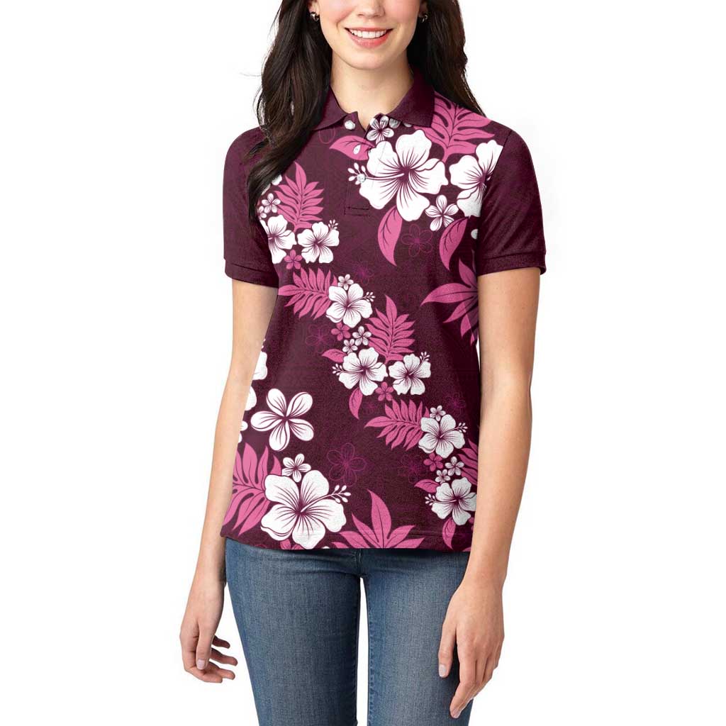 Hawaiian Hibiscus Tribal Floral Pink Women Polo Shirt Polynesian Tapa Pattern - Polynesian Pride