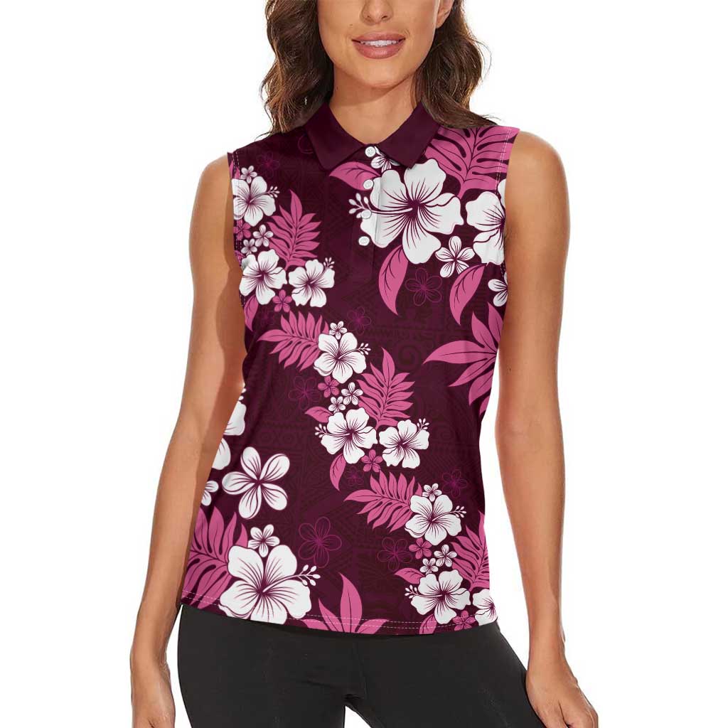 Hawaiian Hibiscus Tribal Floral Pink Women Sleeveless Polo Shirt Polynesian Tapa Pattern LT01 - Polynesian Pride