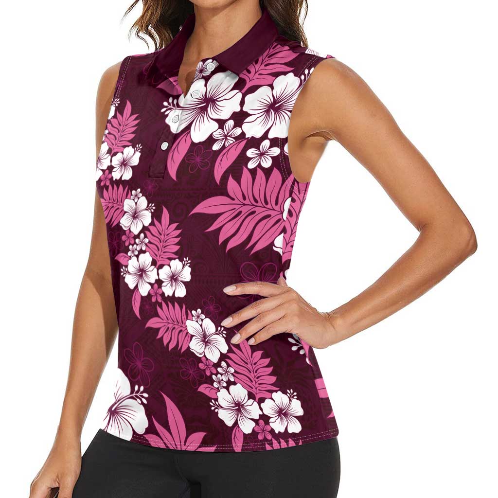 Hawaiian Hibiscus Tribal Floral Pink Women Sleeveless Polo Shirt Polynesian Tapa Pattern LT01 - Polynesian Pride
