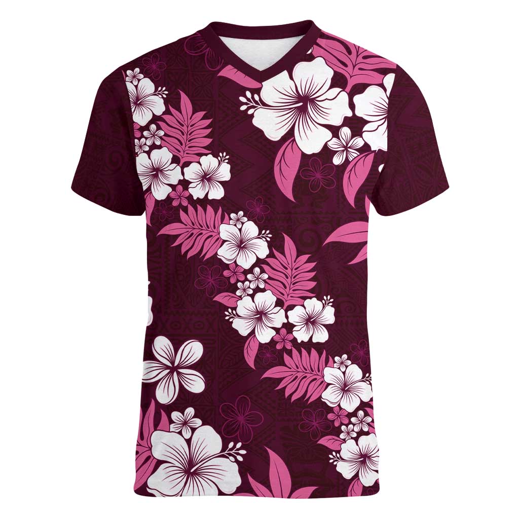 Hawaiian Hibiscus Tribal Floral Pink Women V-Neck T-Shirt Polynesian Tapa Pattern LT01 Female Pink - Polynesian Pride