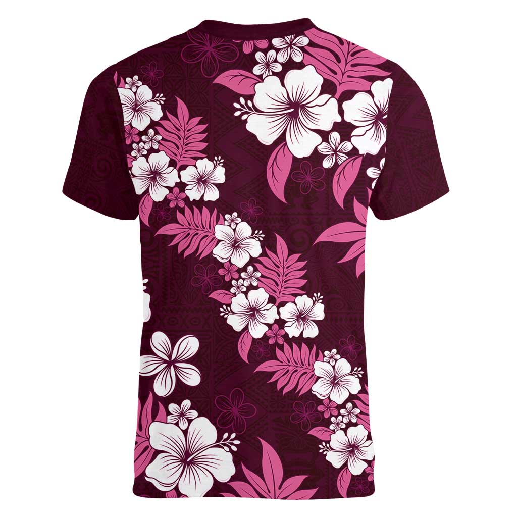 Hawaiian Hibiscus Tribal Floral Pink Women V-Neck T-Shirt Polynesian Tapa Pattern LT01 - Polynesian Pride