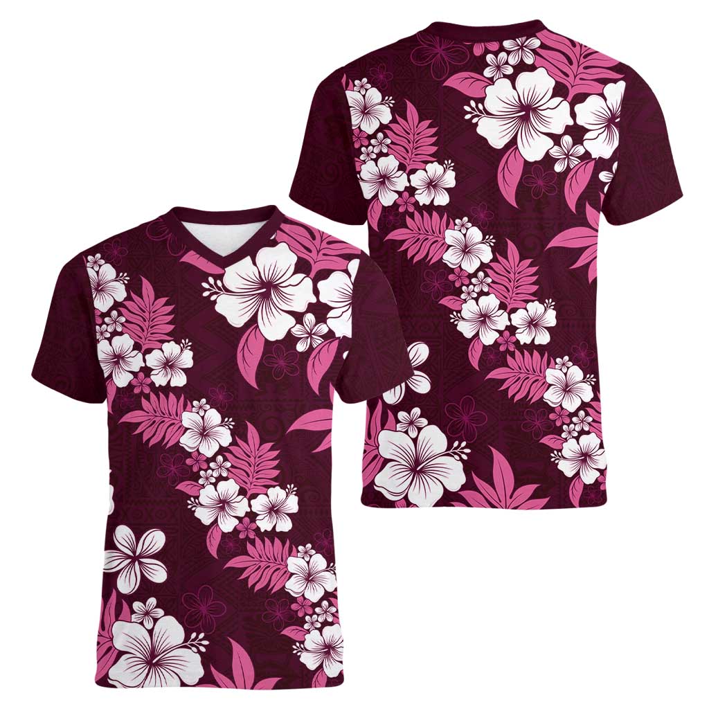 Hawaiian Hibiscus Tribal Floral Pink Women V-Neck T-Shirt Polynesian Tapa Pattern LT01 - Polynesian Pride