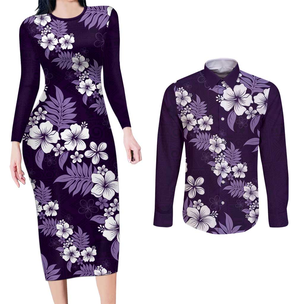 Hawaiian Hibiscus Tribal Floral Purple Couples Matching Long Sleeve Bodycon Dress and Long Sleeve Button Shirt Polynesian Tapa Pattern - Polynesian Pride