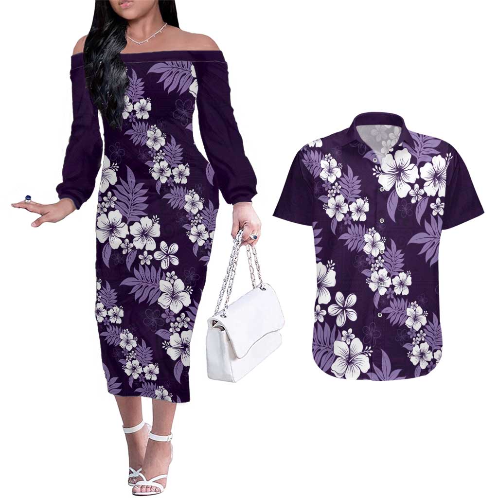 Hawaiian Hibiscus Tribal Floral Purple Couples Matching Off The Shoulder Long Sleeve Dress and Hawaiian Shirt Polynesian Tapa Pattern - Polynesian Pride