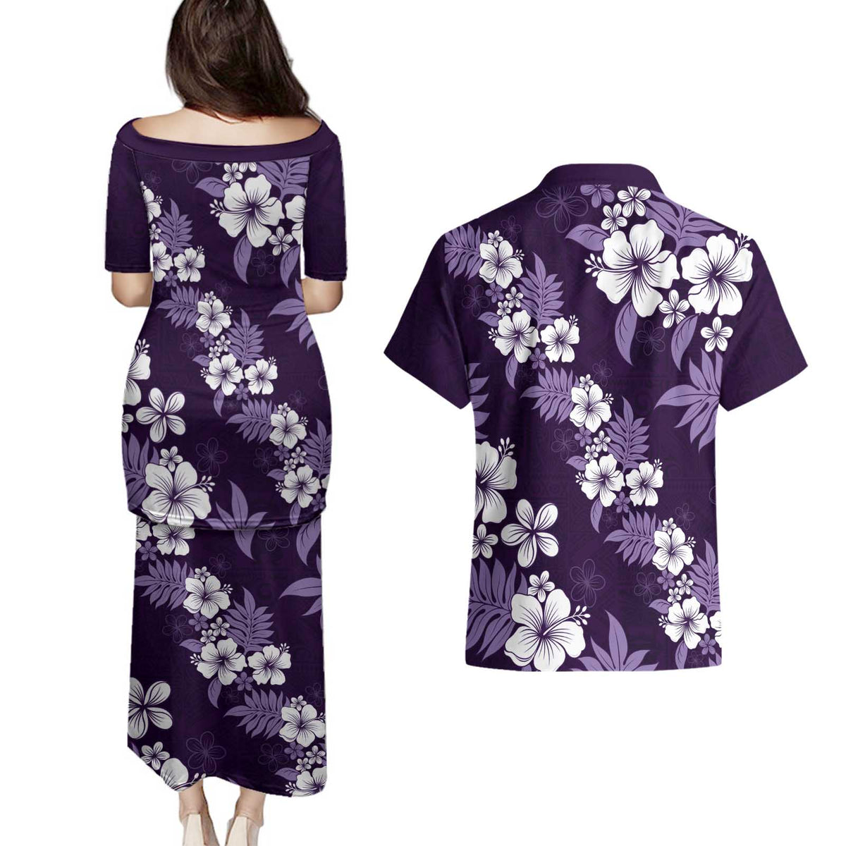 Hawaiian Hibiscus Tribal Floral Purple Couples Matching Puletasi and Hawaiian Shirt Polynesian Tapa Pattern LT01 - Polynesian Pride