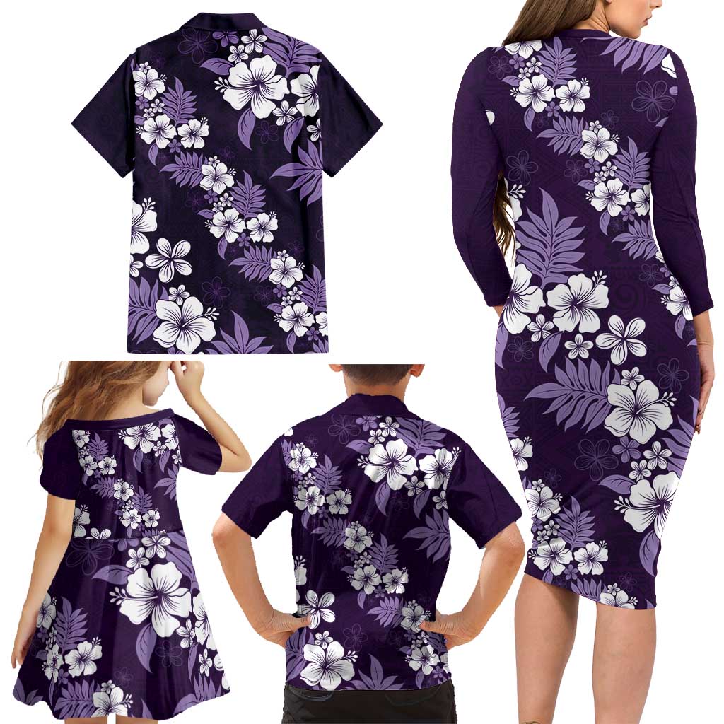 Hawaiian Hibiscus Tribal Floral Purple Family Matching Long Sleeve Bodycon Dress and Hawaiian Shirt Polynesian Tapa Pattern LT01 - Polynesian Pride