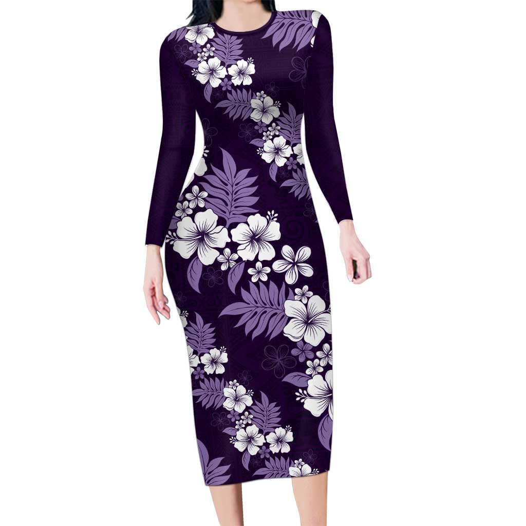 Hawaiian Hibiscus Tribal Floral Purple Family Matching Long Sleeve Bodycon Dress and Hawaiian Shirt Polynesian Tapa Pattern LT01 Mom's Dress Purple - Polynesian Pride