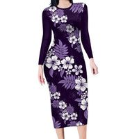 Hawaiian Hibiscus Tribal Floral Purple Family Matching Long Sleeve Bodycon Dress and Hawaiian Shirt Polynesian Tapa Pattern LT01 Mom's Dress Purple - Polynesian Pride