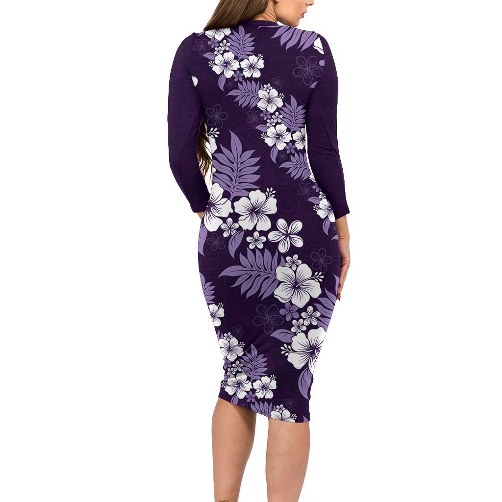 Hawaiian Hibiscus Tribal Floral Purple Family Matching Long Sleeve Bodycon Dress and Hawaiian Shirt Polynesian Tapa Pattern LT01 - Polynesian Pride