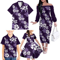 Hawaiian Hibiscus Tribal Floral Purple Family Matching Off The Shoulder Long Sleeve Dress and Hawaiian Shirt Polynesian Tapa Pattern LT01 - Polynesian Pride