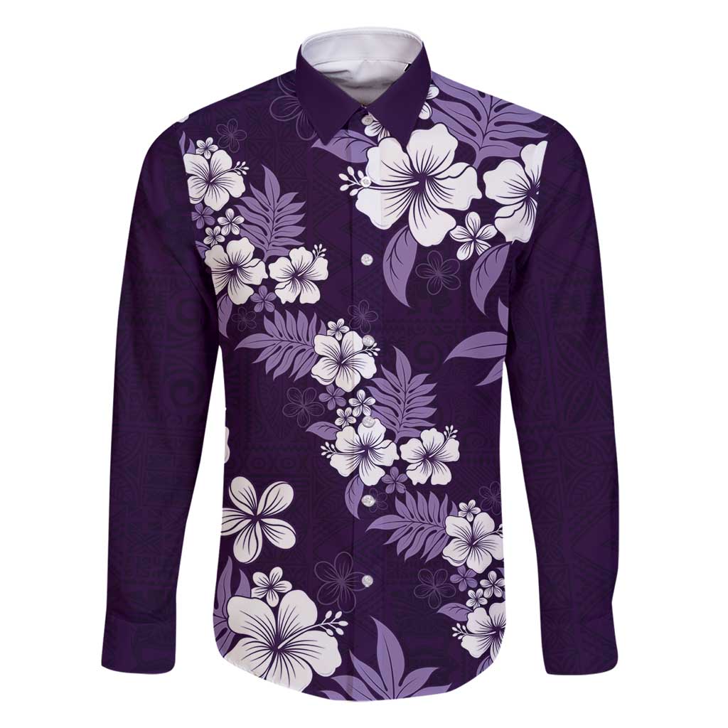 Hawaiian Hibiscus Tribal Floral Purple Family Matching Off Shoulder Maxi Dress and Hawaiian Shirt Polynesian Tapa Pattern LT01 Dad's Shirt - Long Sleeve Purple - Polynesian Pride