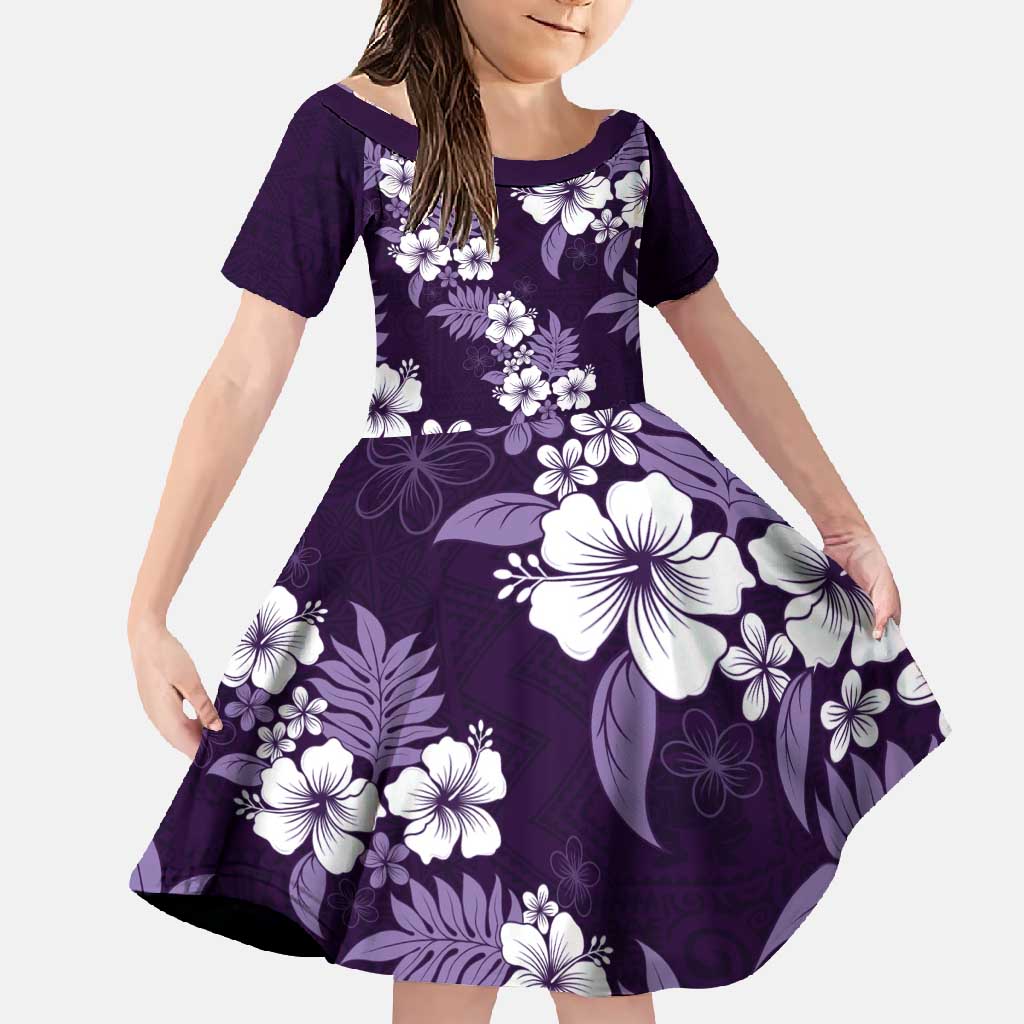 Hawaiian Hibiscus Tribal Floral Purple Family Matching Short Sleeve Bodycon Dress and Hawaiian Shirt Polynesian Tapa Pattern LT01 Daughter's Dress Purple - Polynesian Pride