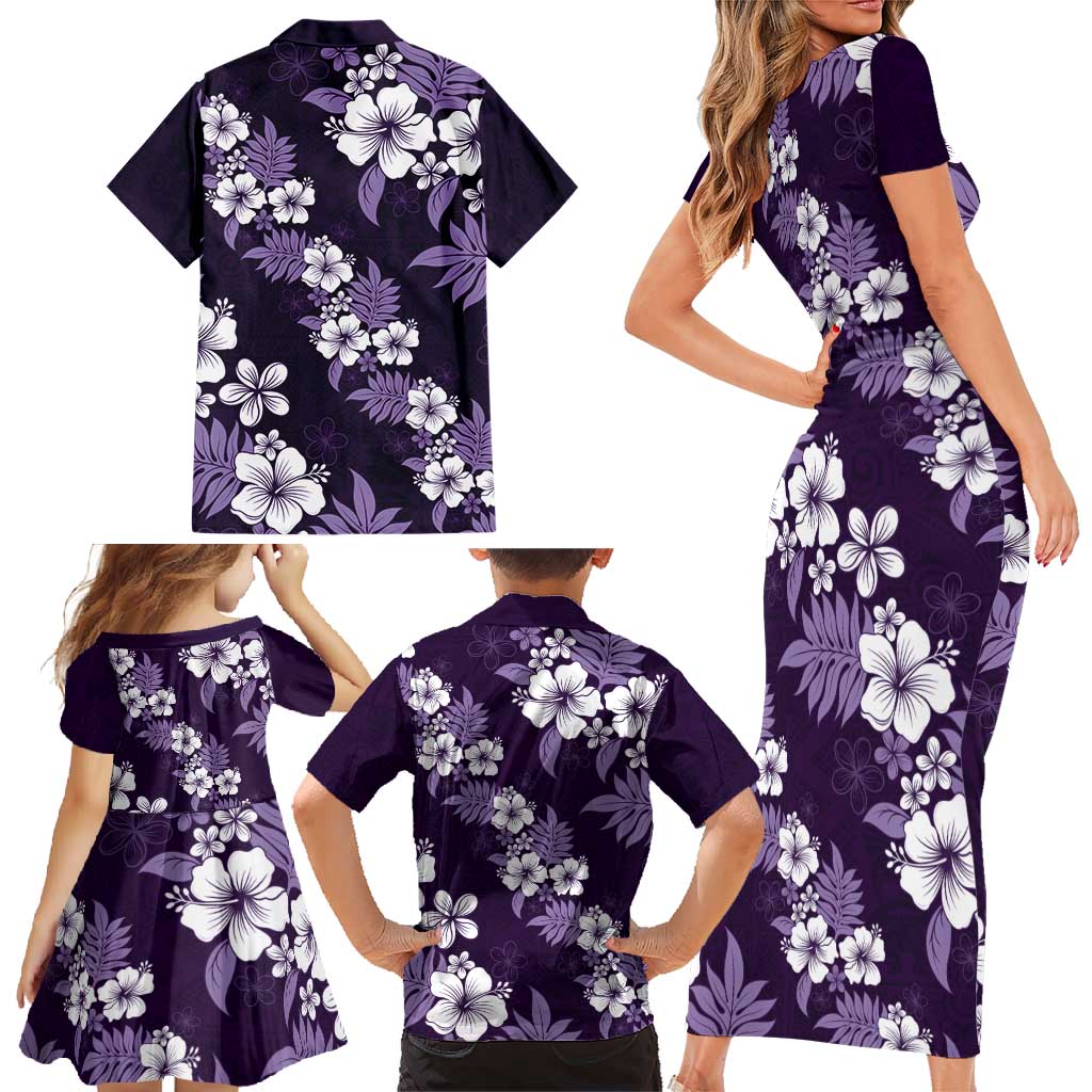 Hawaiian Hibiscus Tribal Floral Purple Family Matching Short Sleeve Bodycon Dress and Hawaiian Shirt Polynesian Tapa Pattern LT01 - Polynesian Pride
