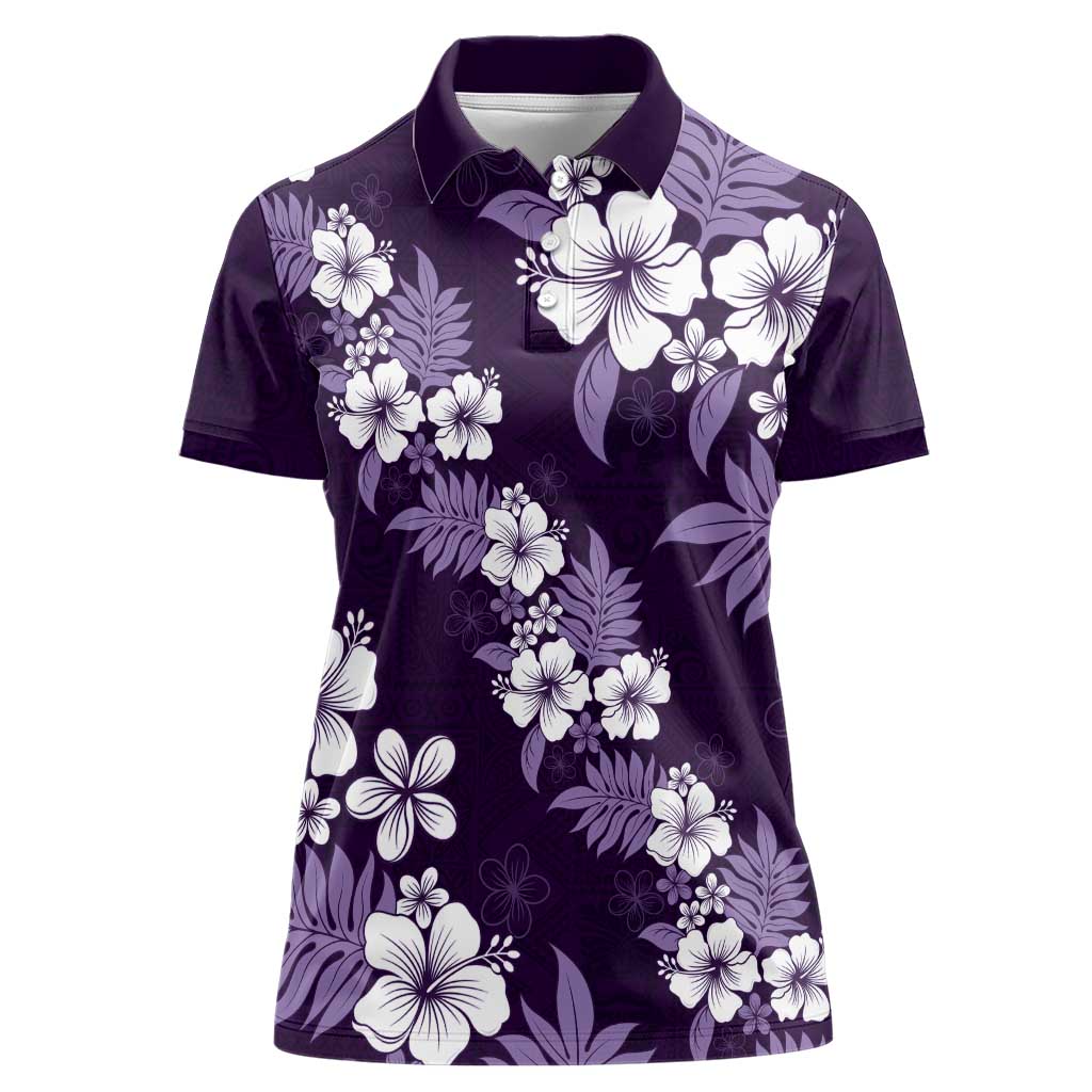 Hawaiian Hibiscus Tribal Floral Purple Women Polo Shirt Polynesian Tapa Pattern - Polynesian Pride