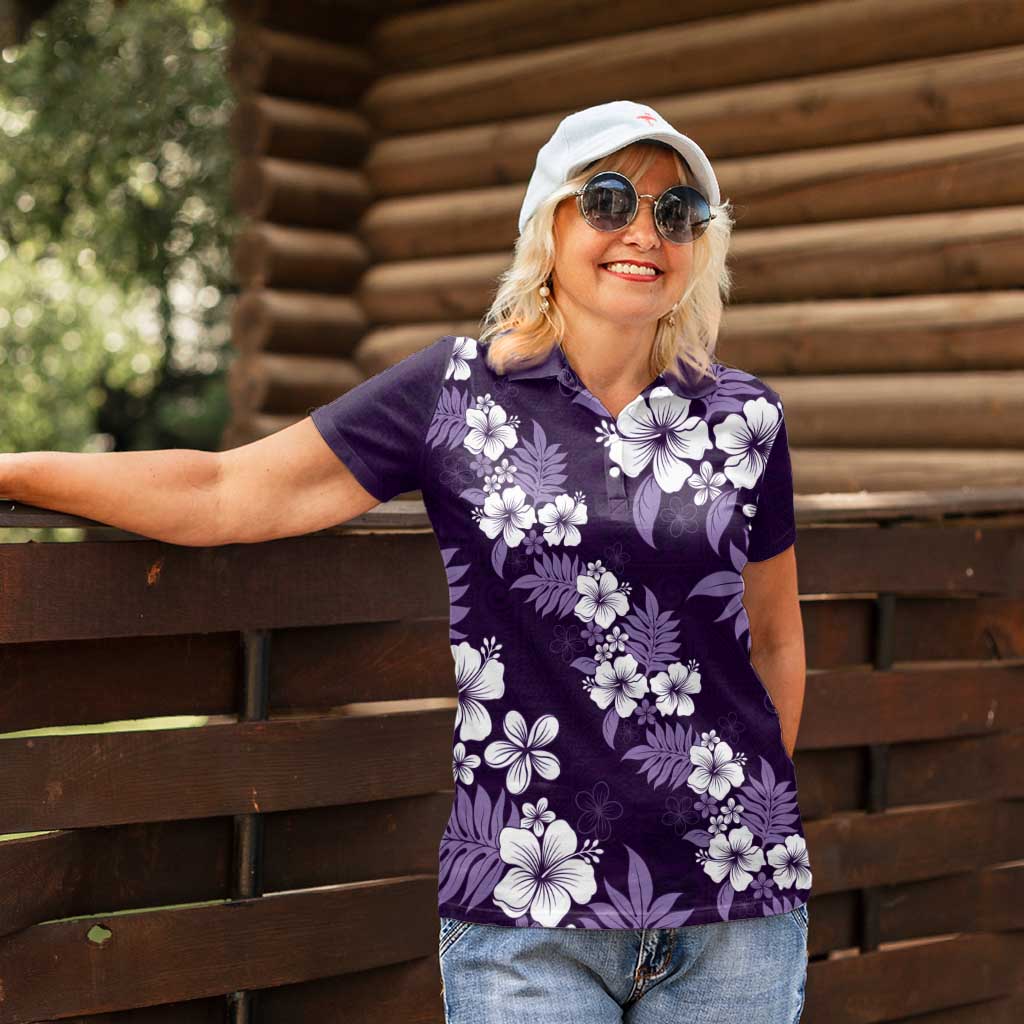 Hawaiian Hibiscus Tribal Floral Purple Women Polo Shirt Polynesian Tapa Pattern - Polynesian Pride