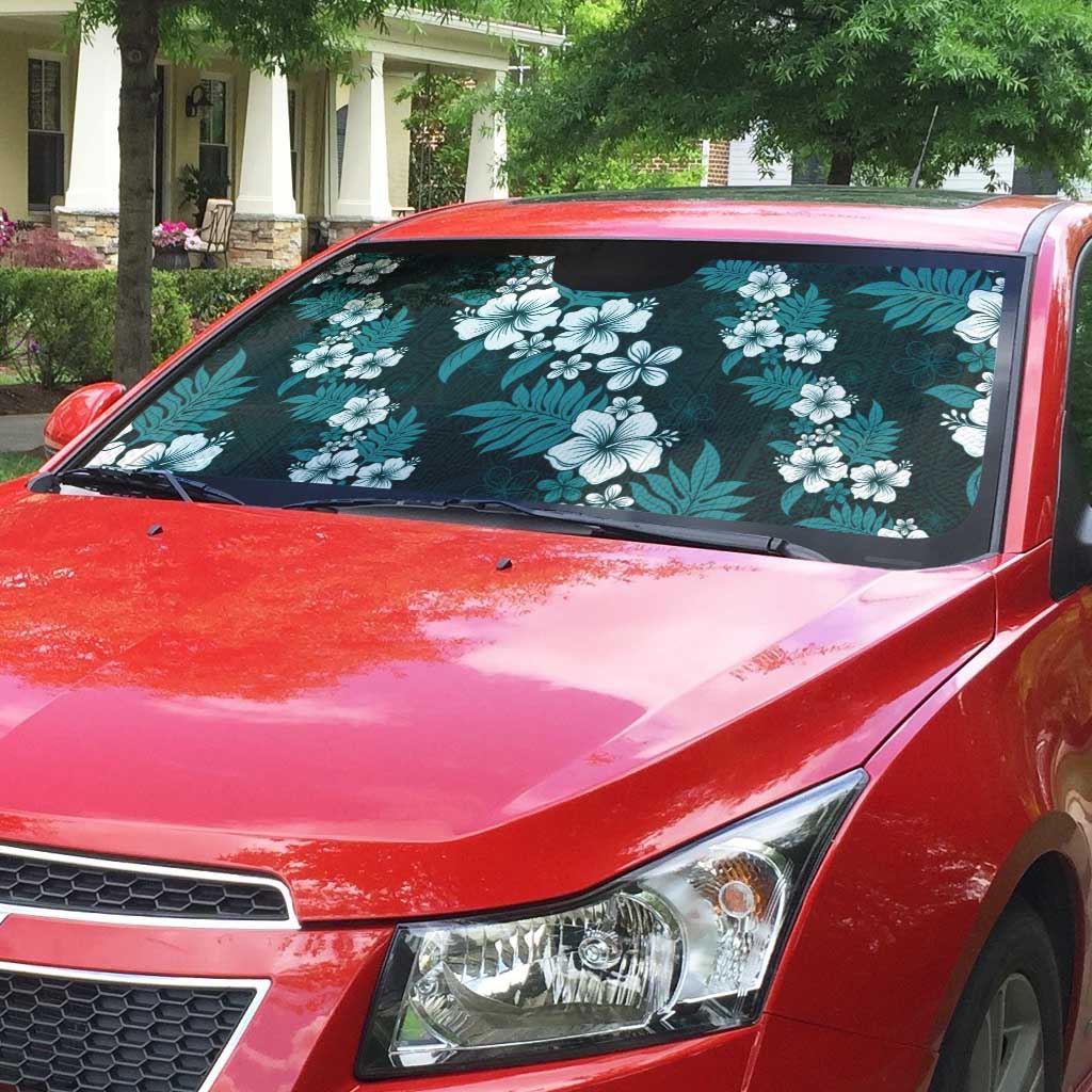 Hawaiian Hibiscus Tribal Floral Teal Auto Sun Shade Polynesian Tapa Pattern - Polynesian Pride