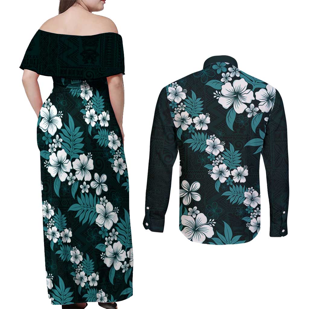 Hawaiian Hibiscus Tribal Floral Teal Couples Matching Off Shoulder Maxi Dress and Long Sleeve Button Shirt Polynesian Tapa Pattern - Polynesian Pride