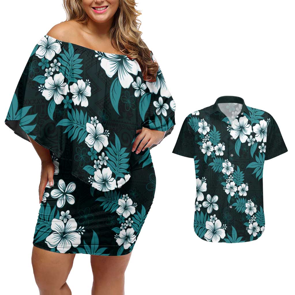 Hawaiian Hibiscus Tribal Floral Teal Couples Matching Off Shoulder Short Dress and Hawaiian Shirt Polynesian Tapa Pattern - Polynesian Pride