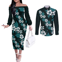 Hawaiian Hibiscus Tribal Floral Teal Couples Matching Off The Shoulder Long Sleeve Dress and Long Sleeve Button Shirt Polynesian Tapa Pattern - Polynesian Pride