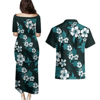 Hawaiian Hibiscus Tribal Floral Teal Couples Matching Puletasi and Hawaiian Shirt Polynesian Tapa Pattern LT01 - Polynesian Pride