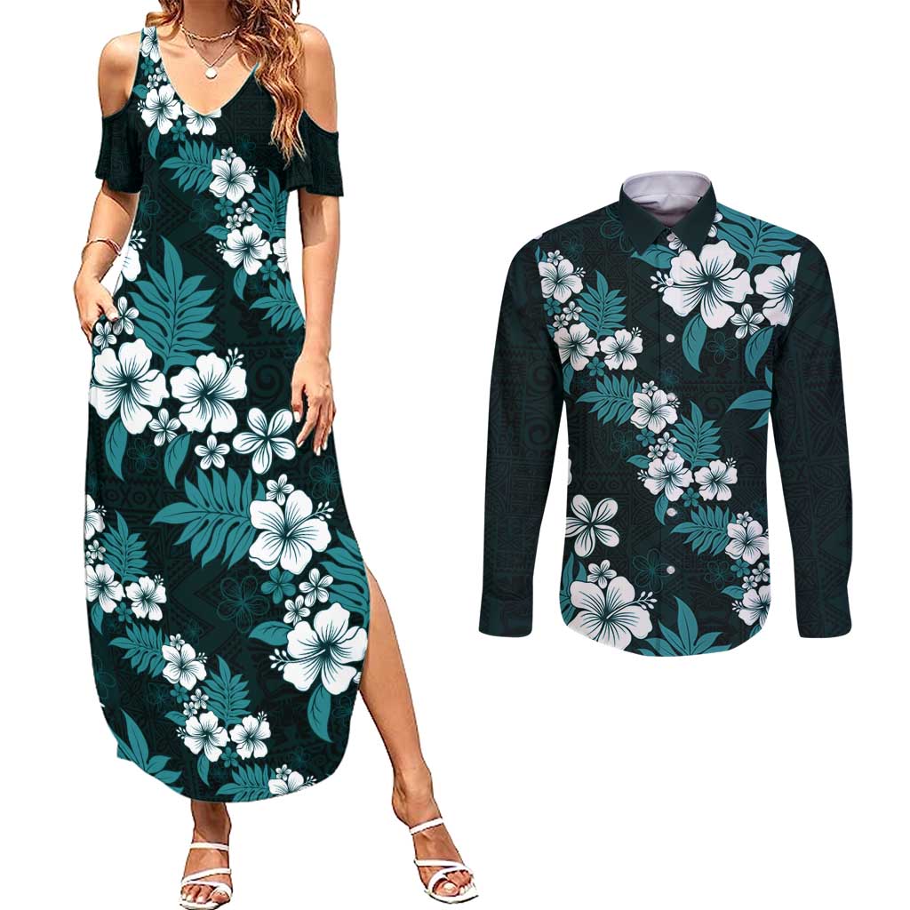 Hawaiian Hibiscus Tribal Floral Teal Couples Matching Summer Maxi Dress and Long Sleeve Button Shirt Polynesian Tapa Pattern - Polynesian Pride