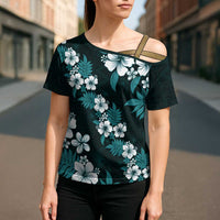 Hawaiian Hibiscus Tribal Floral Teal Cross Shoulder Shirt Polynesian Tapa Pattern - Polynesian Pride