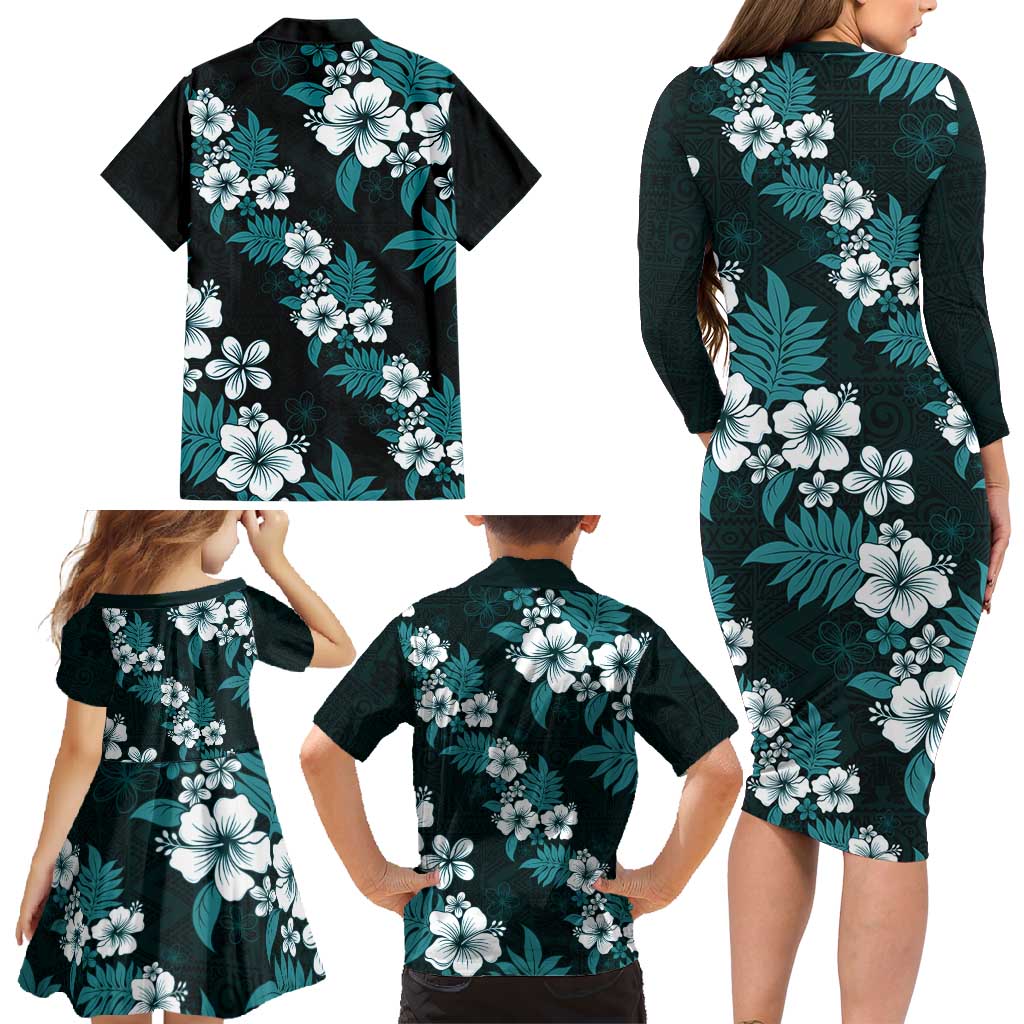 Hawaiian Hibiscus Tribal Floral Teal Family Matching Long Sleeve Bodycon Dress and Hawaiian Shirt Polynesian Tapa Pattern LT01 - Polynesian Pride