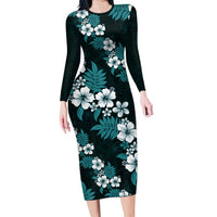 Hawaiian Hibiscus Tribal Floral Teal Family Matching Long Sleeve Bodycon Dress and Hawaiian Shirt Polynesian Tapa Pattern LT01 Mom's Dress Teal - Polynesian Pride