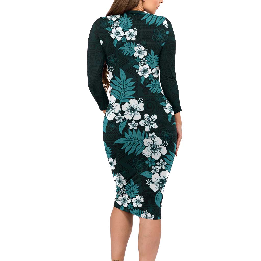Hawaiian Hibiscus Tribal Floral Teal Family Matching Long Sleeve Bodycon Dress and Hawaiian Shirt Polynesian Tapa Pattern LT01 - Polynesian Pride