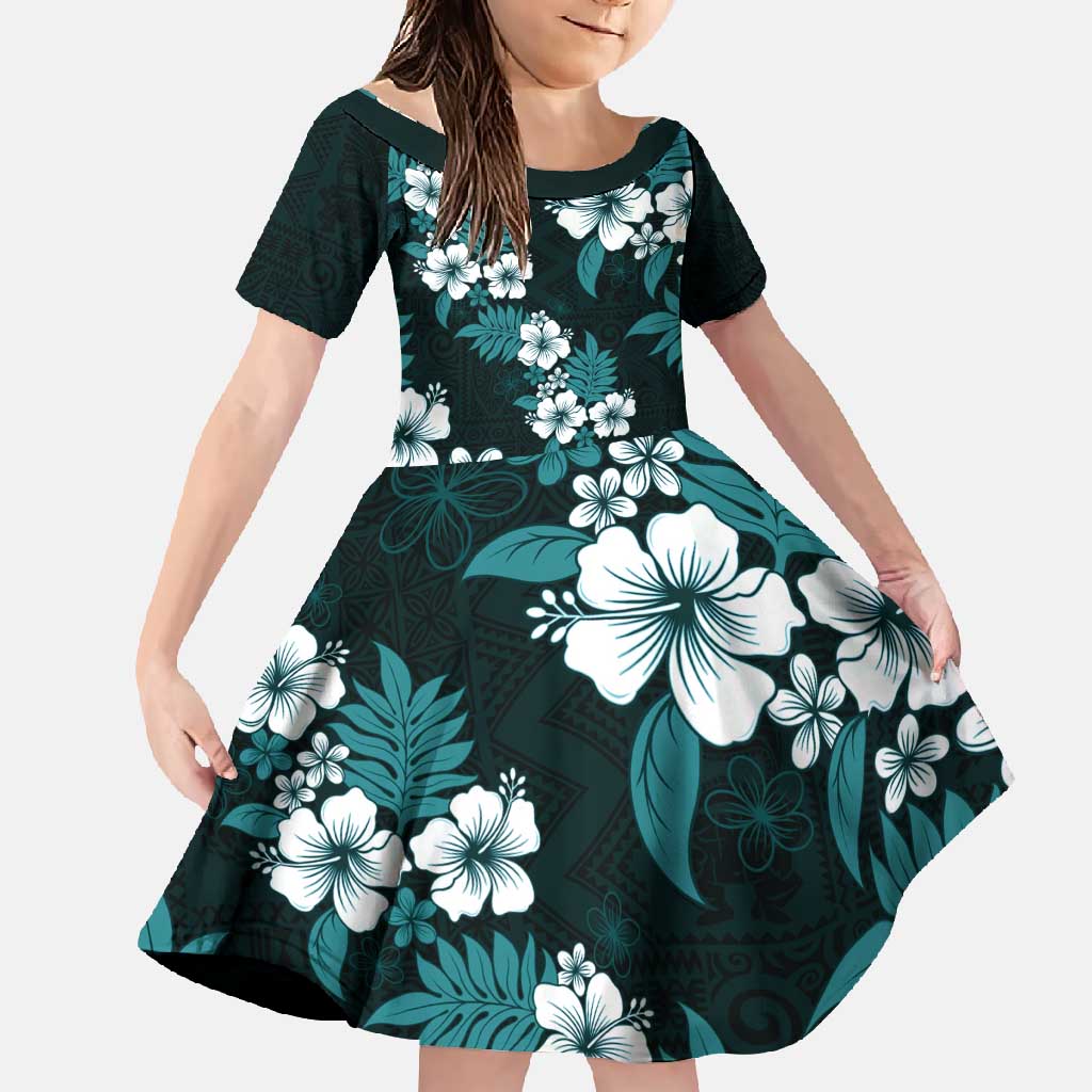 Hawaiian Hibiscus Tribal Floral Teal Family Matching Mermaid Dress and Hawaiian Shirt Polynesian Tapa Pattern LT01 Daughter's Dress Teal - Polynesian Pride