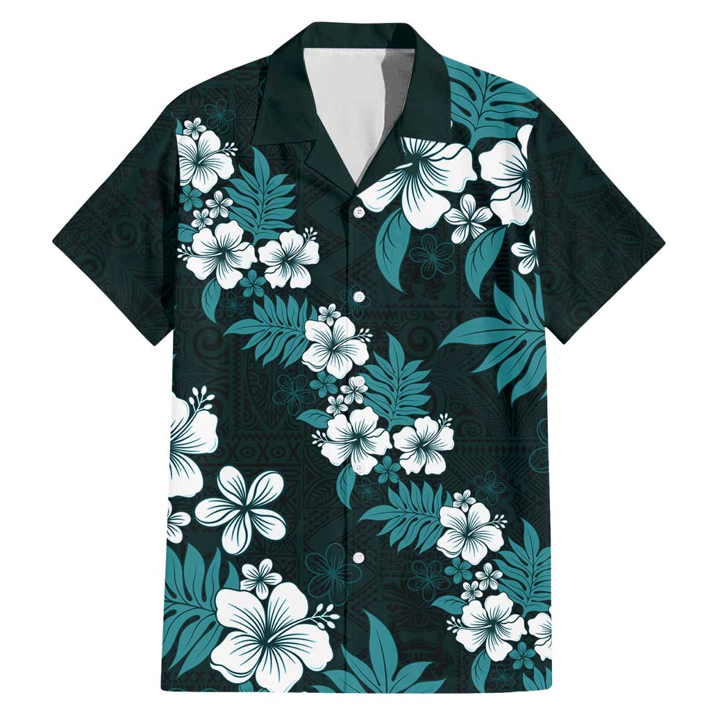 Hawaiian Hibiscus Tribal Floral Teal Family Matching Mermaid Dress and Hawaiian Shirt Polynesian Tapa Pattern LT01 Dad's Shirt - Short Sleeve Teal - Polynesian Pride