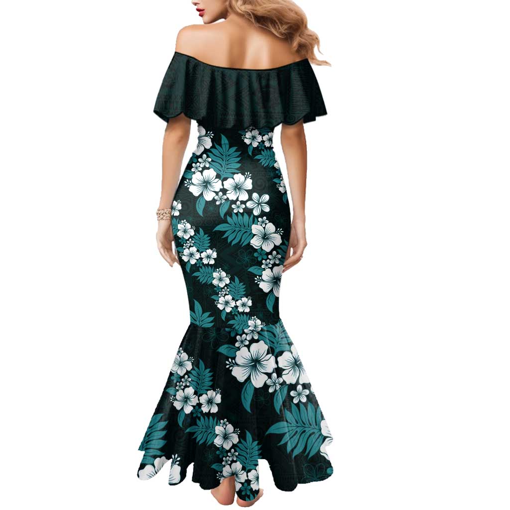 Hawaiian Hibiscus Tribal Floral Teal Family Matching Mermaid Dress and Hawaiian Shirt Polynesian Tapa Pattern LT01 - Polynesian Pride
