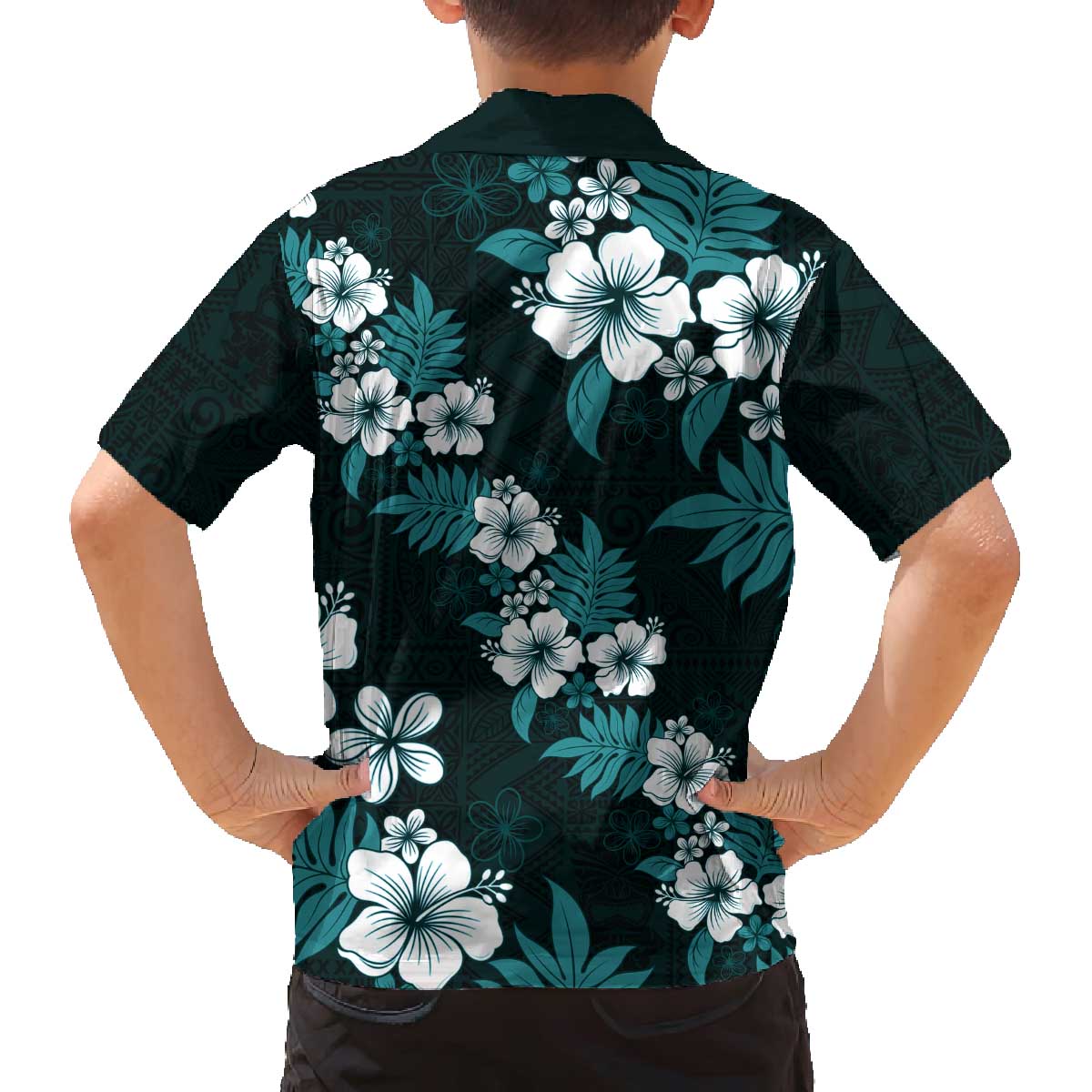 Hawaiian Hibiscus Tribal Floral Teal Family Matching Off The Shoulder Long Sleeve Dress and Hawaiian Shirt Polynesian Tapa Pattern LT01 - Polynesian Pride