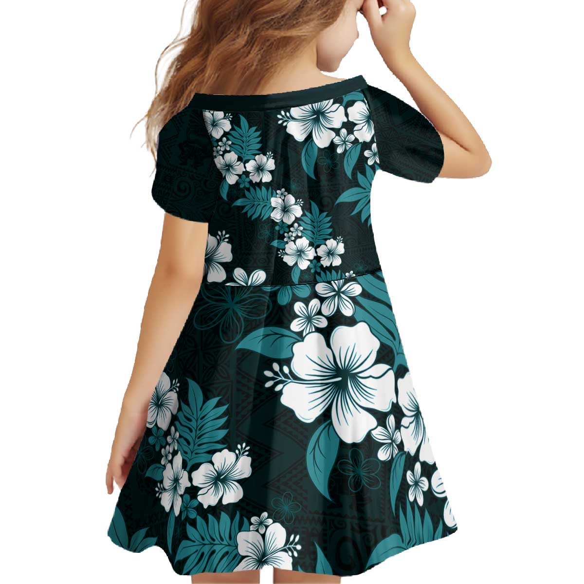 Hawaiian Hibiscus Tribal Floral Teal Family Matching Off The Shoulder Long Sleeve Dress and Hawaiian Shirt Polynesian Tapa Pattern LT01 - Polynesian Pride