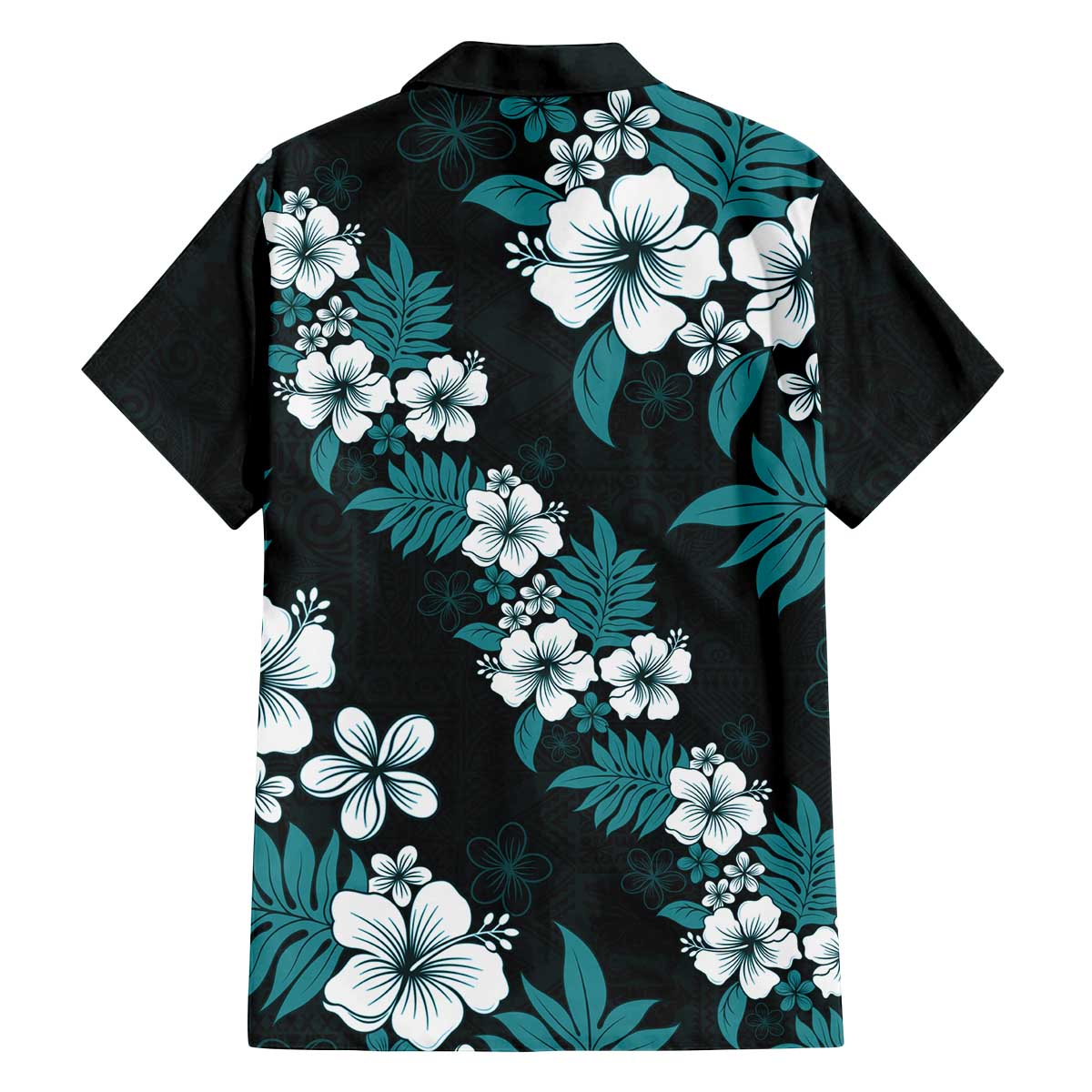 Hawaiian Hibiscus Tribal Floral Teal Family Matching Off The Shoulder Long Sleeve Dress and Hawaiian Shirt Polynesian Tapa Pattern LT01 - Polynesian Pride