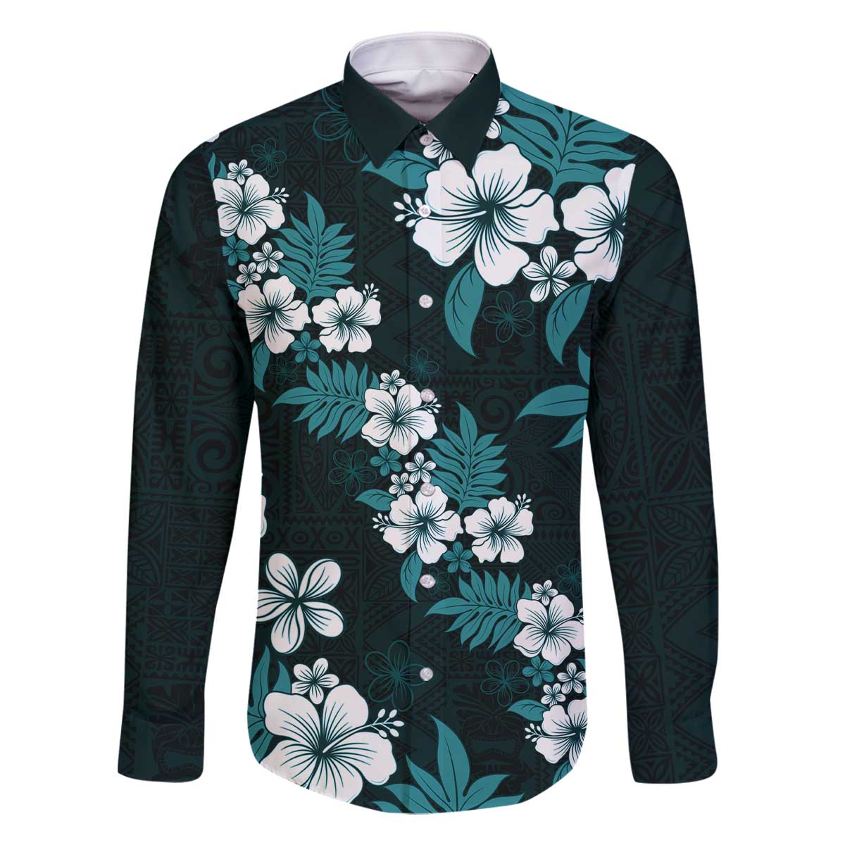 Hawaiian Hibiscus Tribal Floral Teal Family Matching Off The Shoulder Long Sleeve Dress and Hawaiian Shirt Polynesian Tapa Pattern LT01 Dad's Shirt - Long Sleeve Teal - Polynesian Pride