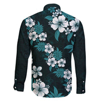 Hawaiian Hibiscus Tribal Floral Teal Family Matching Off The Shoulder Long Sleeve Dress and Hawaiian Shirt Polynesian Tapa Pattern LT01 - Polynesian Pride