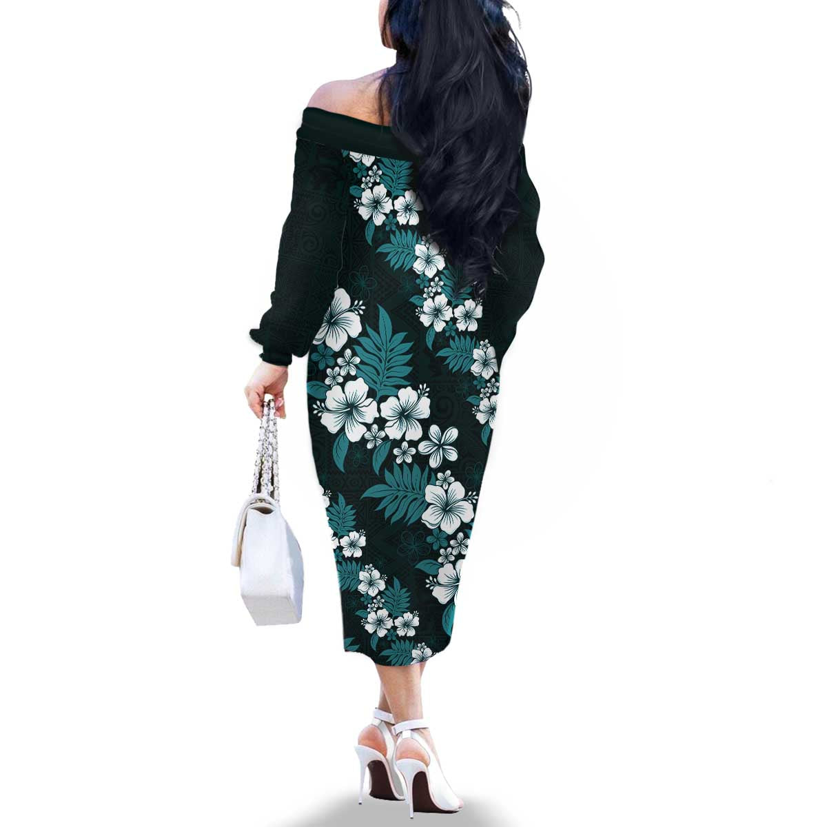 Hawaiian Hibiscus Tribal Floral Teal Family Matching Off The Shoulder Long Sleeve Dress and Hawaiian Shirt Polynesian Tapa Pattern LT01 - Polynesian Pride