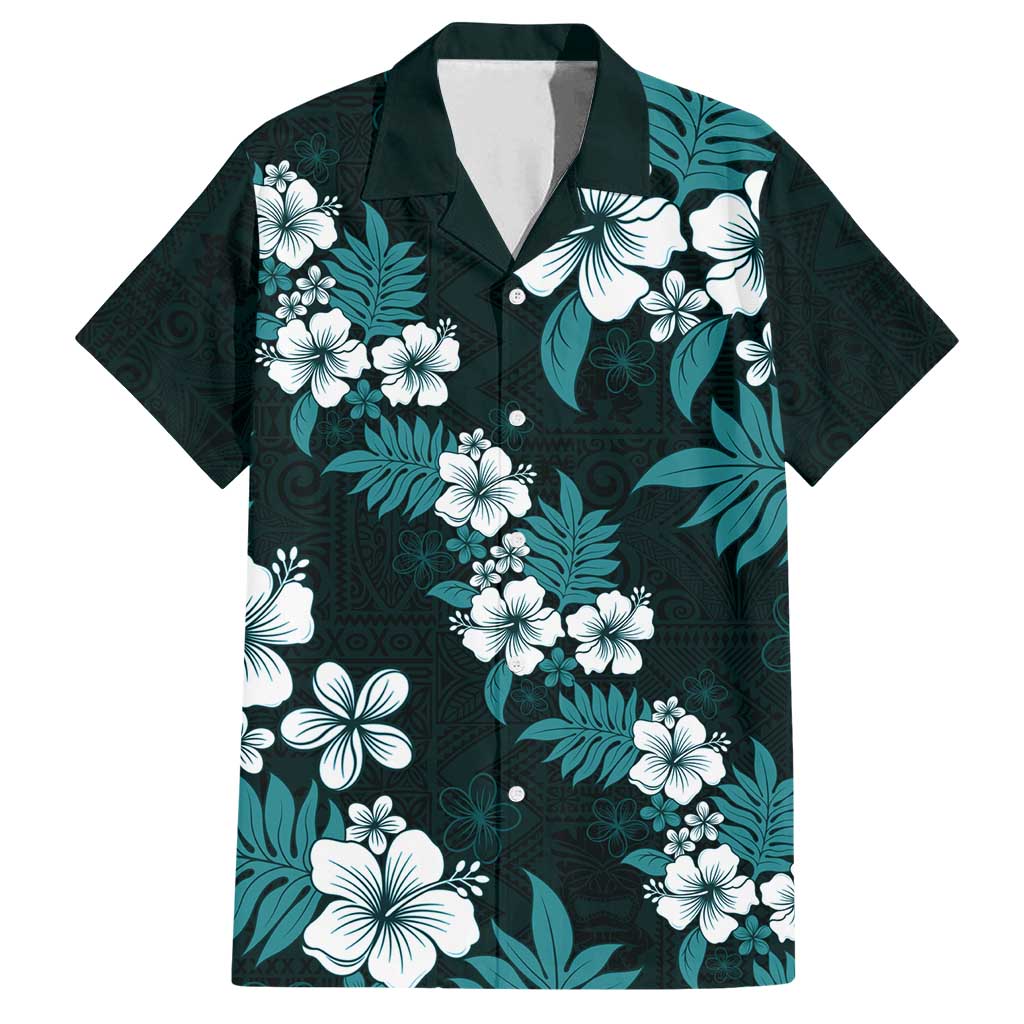 Hawaiian Hibiscus Tribal Floral Teal Family Matching Off Shoulder Maxi Dress and Hawaiian Shirt Polynesian Tapa Pattern LT01 Dad's Shirt - Short Sleeve Teal - Polynesian Pride