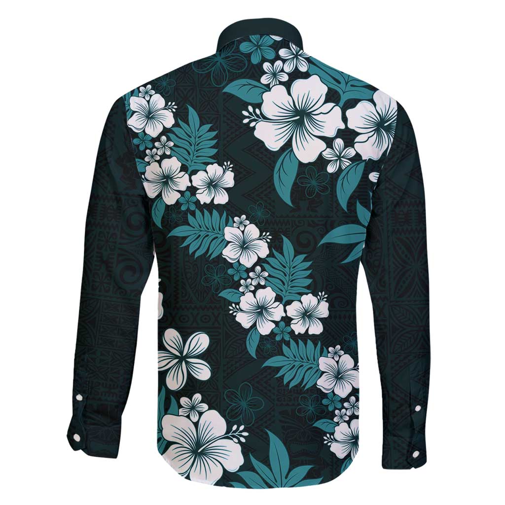 Hawaiian Hibiscus Tribal Floral Teal Family Matching Off Shoulder Maxi Dress and Hawaiian Shirt Polynesian Tapa Pattern LT01 - Polynesian Pride