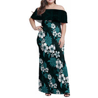 Hawaiian Hibiscus Tribal Floral Teal Family Matching Off Shoulder Maxi Dress and Hawaiian Shirt Polynesian Tapa Pattern LT01 Mom's Dress Teal - Polynesian Pride