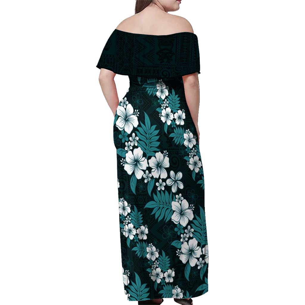 Hawaiian Hibiscus Tribal Floral Teal Family Matching Off Shoulder Maxi Dress and Hawaiian Shirt Polynesian Tapa Pattern LT01 - Polynesian Pride