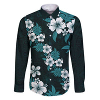Hawaiian Hibiscus Tribal Floral Teal Family Matching Puletasi and Hawaiian Shirt Polynesian Tapa Pattern LT01 Dad's Shirt - Long Sleeve Teal - Polynesian Pride