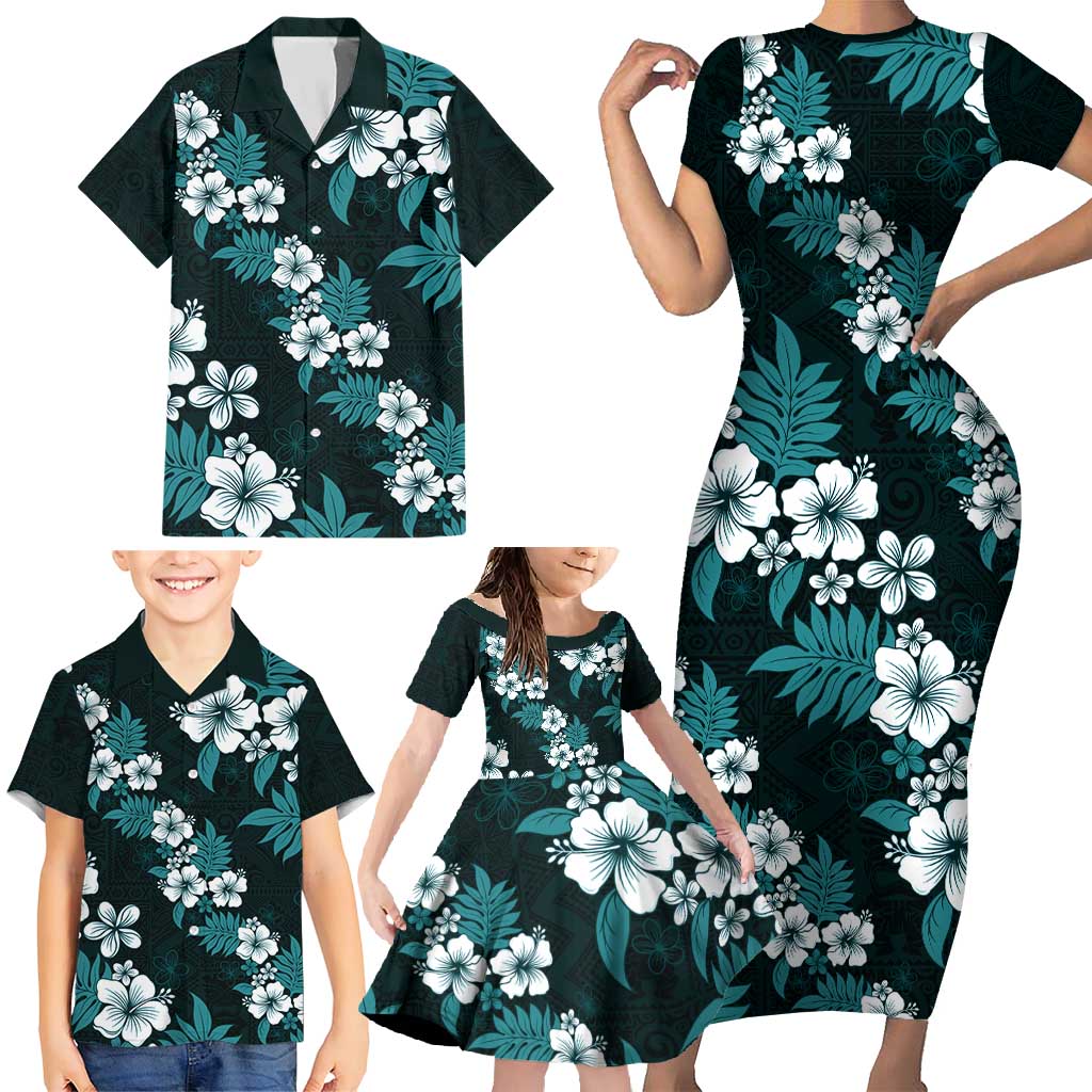 Hawaiian Hibiscus Tribal Floral Teal Family Matching Short Sleeve Bodycon Dress and Hawaiian Shirt Polynesian Tapa Pattern LT01 - Polynesian Pride
