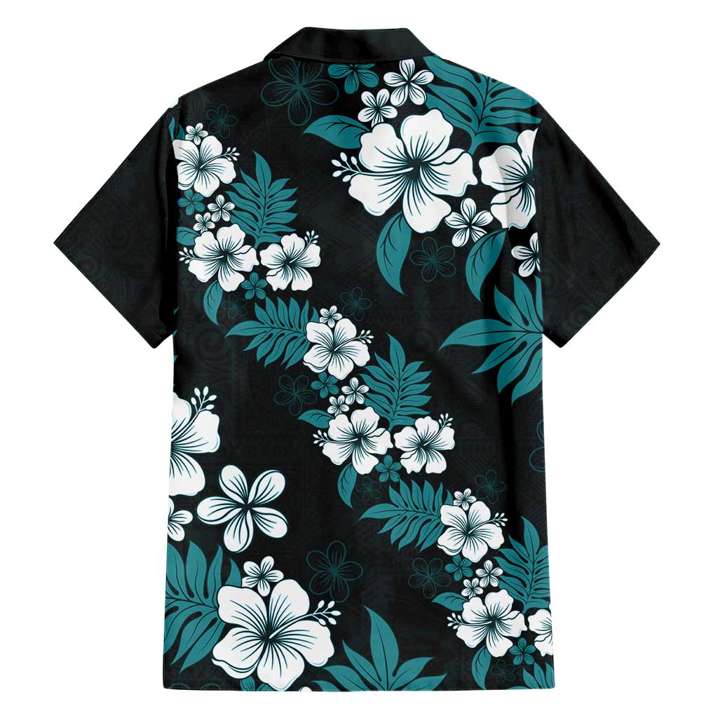 Hawaiian Hibiscus Tribal Floral Teal Family Matching Short Sleeve Bodycon Dress and Hawaiian Shirt Polynesian Tapa Pattern LT01 - Polynesian Pride