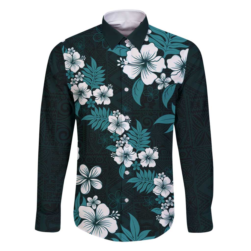 Hawaiian Hibiscus Tribal Floral Teal Family Matching Short Sleeve Bodycon Dress and Hawaiian Shirt Polynesian Tapa Pattern LT01 Dad's Shirt - Long Sleeve Teal - Polynesian Pride