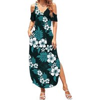 Hawaiian Hibiscus Tribal Floral Teal Family Matching Summer Maxi Dress and Hawaiian Shirt Polynesian Tapa Pattern LT01 Mom's Dress Teal - Polynesian Pride
