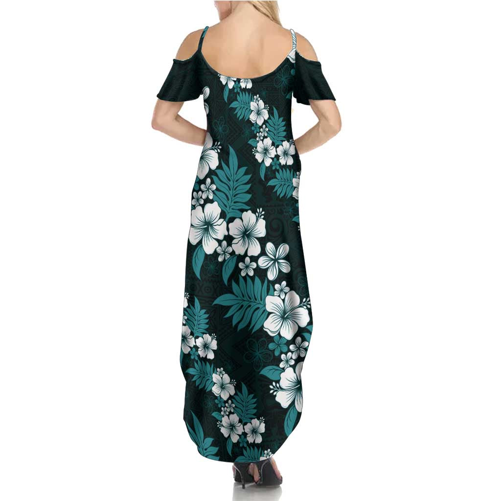 Hawaiian Hibiscus Tribal Floral Teal Family Matching Summer Maxi Dress and Hawaiian Shirt Polynesian Tapa Pattern LT01 - Polynesian Pride