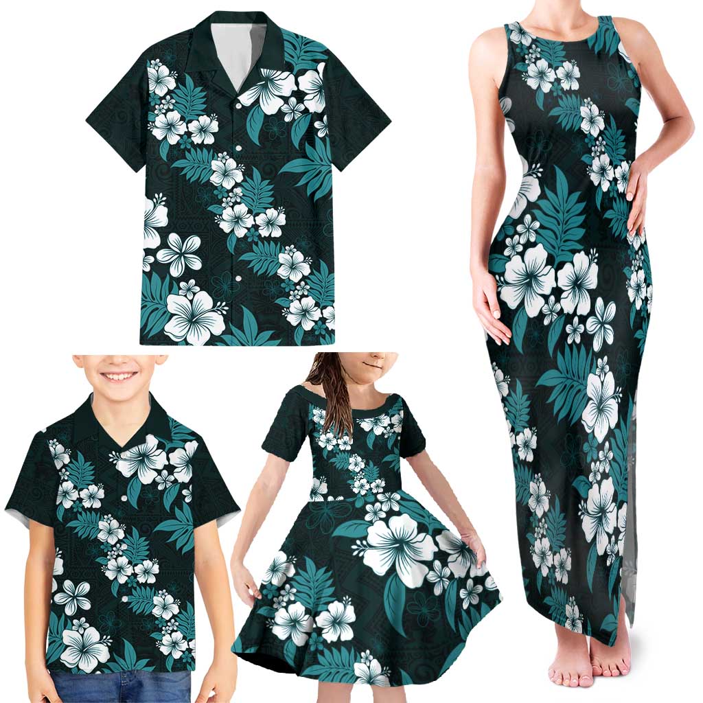 Hawaiian Hibiscus Tribal Floral Teal Family Matching Tank Maxi Dress and Hawaiian Shirt Polynesian Tapa Pattern LT01 - Polynesian Pride