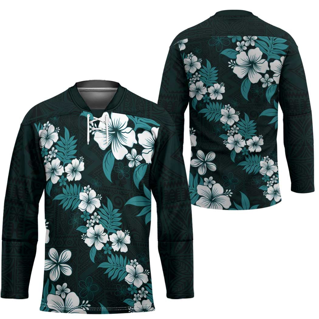 Hawaiian Hibiscus Tribal Floral Teal Hockey Jersey Polynesian Tapa Pattern - Polynesian Pride